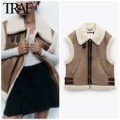 TRAF Za Γυναικεία Μόδα Χειμώνας Νέο αμάνικο γιλέκο με φερμουάρ με φερμουάρ Locomotive Top Chic γυναικείο σουέτ γούνινο μπουφάν all-in-one γιλέκο