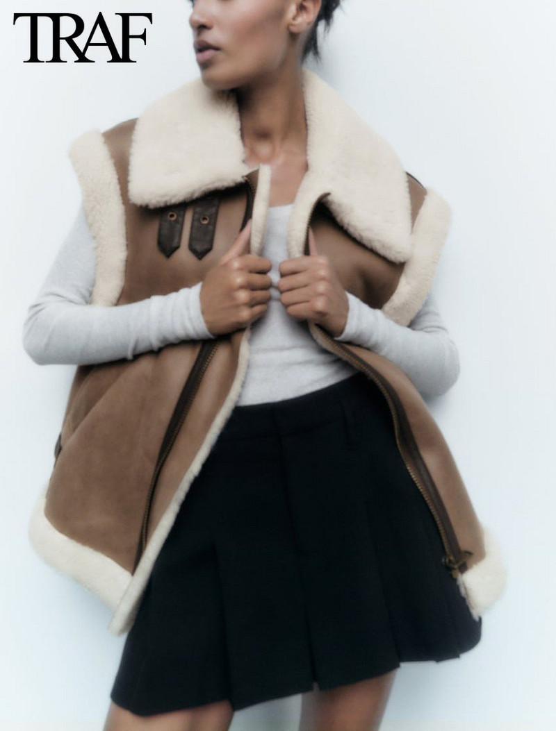 TRAF Za Γυναικεία Μόδα Χειμώνας Νέο αμάνικο γιλέκο με φερμουάρ με φερμουάρ Locomotive Top Chic γυναικείο σουέτ γούνινο μπουφάν all-in-one γιλέκο