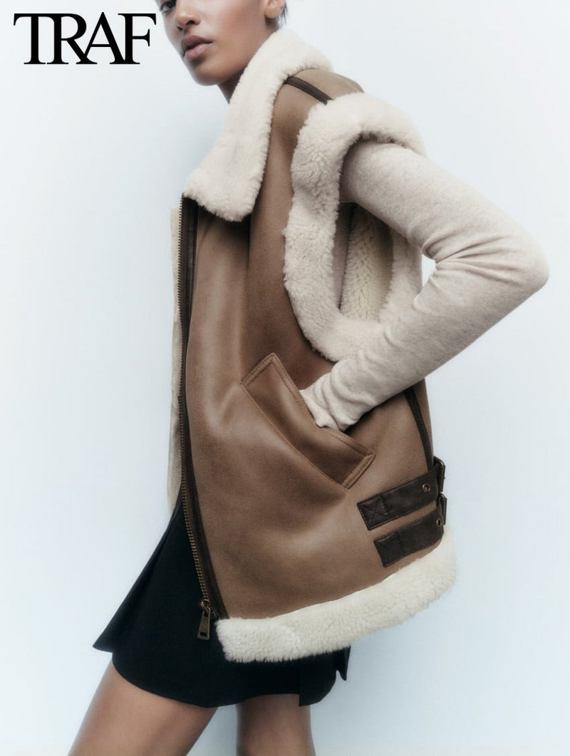 TRAF Za Γυναικεία Μόδα Χειμώνας Νέο αμάνικο γιλέκο με φερμουάρ με φερμουάρ Locomotive Top Chic γυναικείο σουέτ γούνινο μπουφάν all-in-one γιλέκο