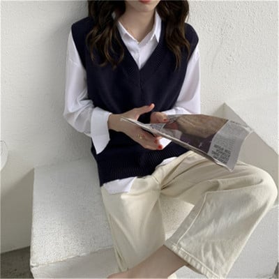 Modes rudens ziemas džemperi bez piedurknēm Veste Sieviešu V veida kakla izgriezums, vienkāršs, plāns, universāls korejiešu stila tīņu džemperu tops