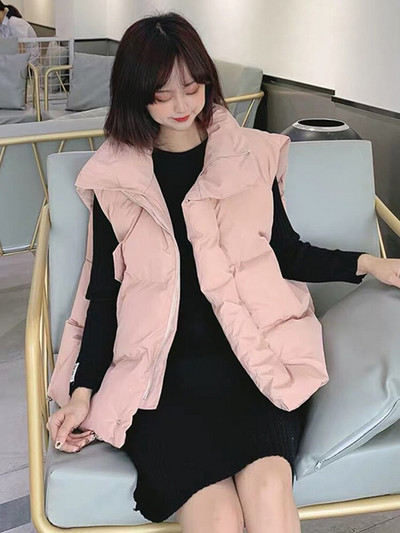 Sieviešu bieza kokvilnas veste ziemas rudens vienkrāsains veste sievietēm, stāvoša apkakle, vaļīga veste bez piedurknēm