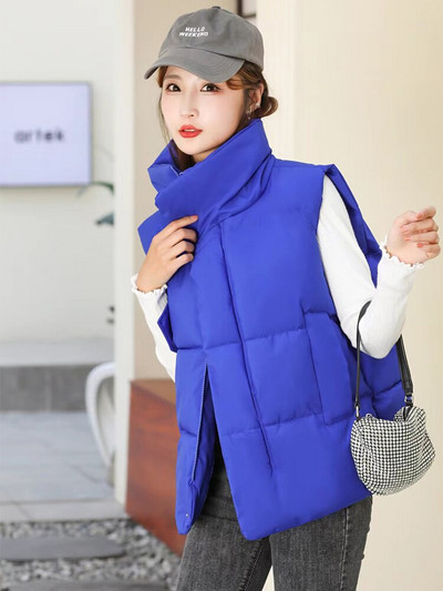 Sieviešu bieza kokvilnas veste ziemas rudens vienkrāsains veste sievietēm, stāvoša apkakle, vaļīga veste bez piedurknēm