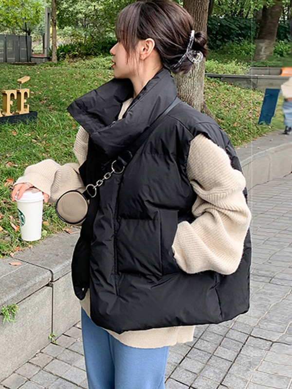 Sieviešu bieza kokvilnas veste ziemas rudens vienkrāsains veste sievietēm, stāvoša apkakle, vaļīga veste bez piedurknēm