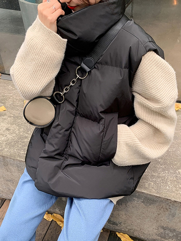 Sieviešu bieza kokvilnas veste ziemas rudens vienkrāsains veste sievietēm, stāvoša apkakle, vaļīga veste bez piedurknēm