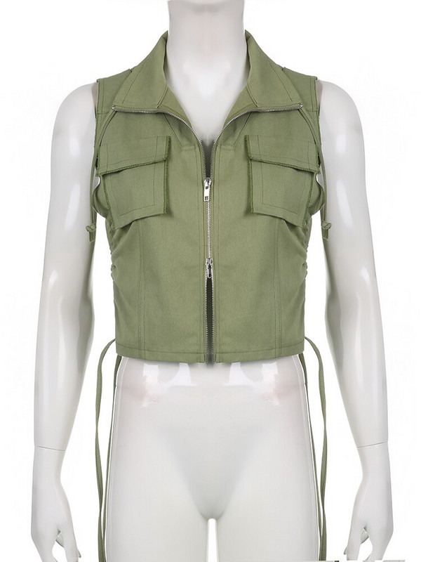 Sweetown Pockets Cargo Jacket Γιλέκο Γυναικεία ραφή Shiring κορδόνι Y2K Γιλέκο με φερμουάρ Casual Streetwear Κορσέ δεξαμενές
