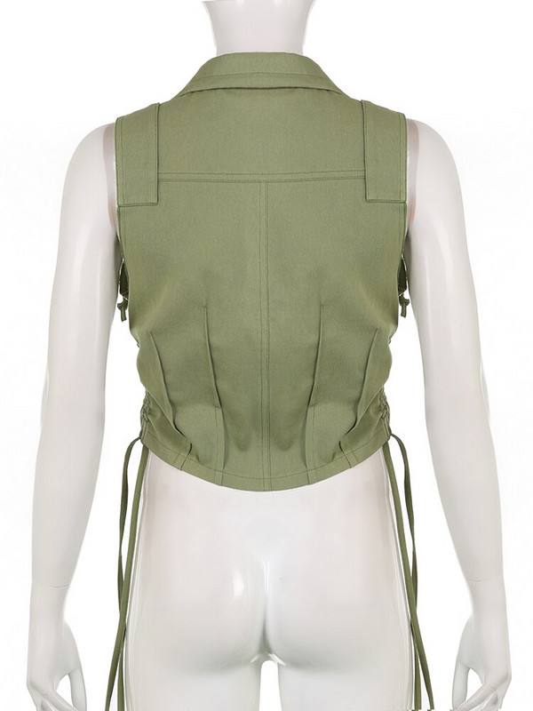 Sweetown Pockets Cargo Jacket Γιλέκο Γυναικεία ραφή Shiring κορδόνι Y2K Γιλέκο με φερμουάρ Casual Streetwear Κορσέ δεξαμενές