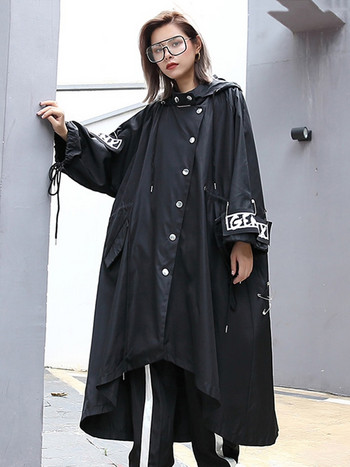 XITAO Spliced Black Trench for Women Tide Long Print Streetwear Hoodie casual Γυναικείο φαρδιάμεσο παλτό 2019 ZLL1100