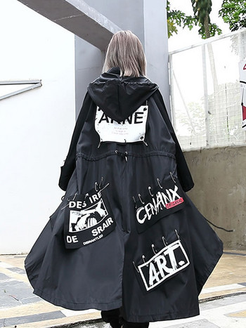 XITAO Spliced Black Trench for Women Tide Long Print Streetwear Hoodie casual Γυναικείο φαρδιάμεσο παλτό 2019 ZLL1100