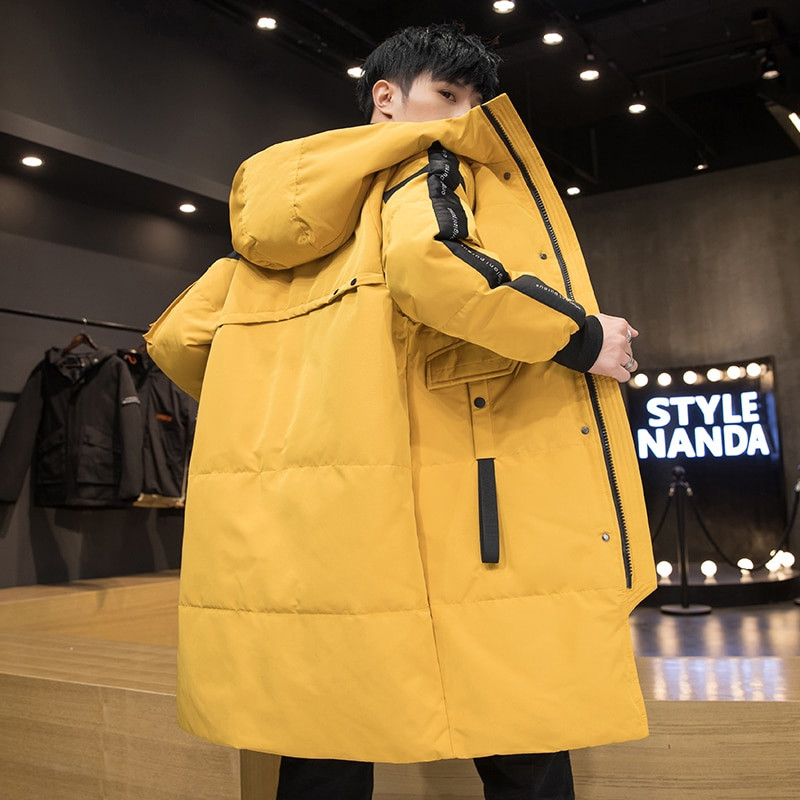Silta, bieza vīriešu baltā pīļu dūnu jaka ar kapuci jakas mētelis ziemai jauns vīriešu ikdienas garais parka mētelis āra vairākām kabatām