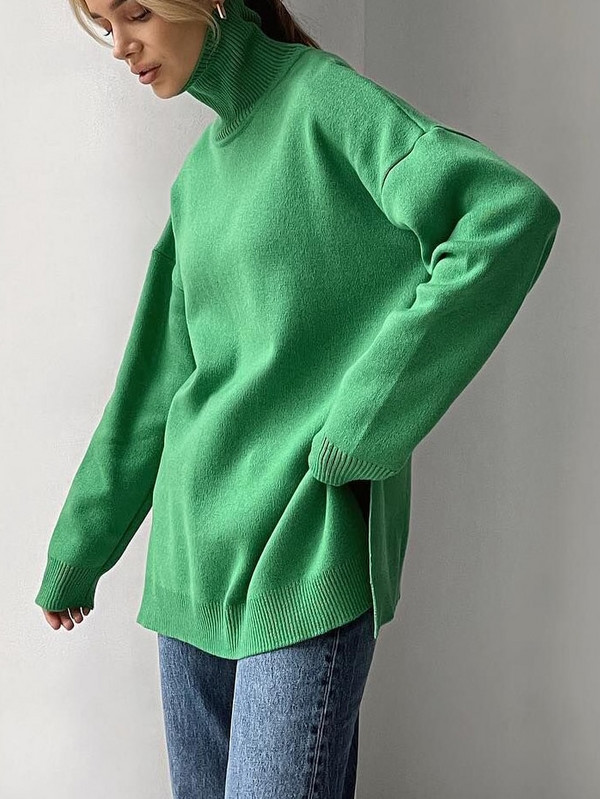 Ziemas sieviešu apkakles 2022. gada zaļi lielizmēra džemperi, klasiski silti, adīti džemperi, topi, garie sieviešu džemperi