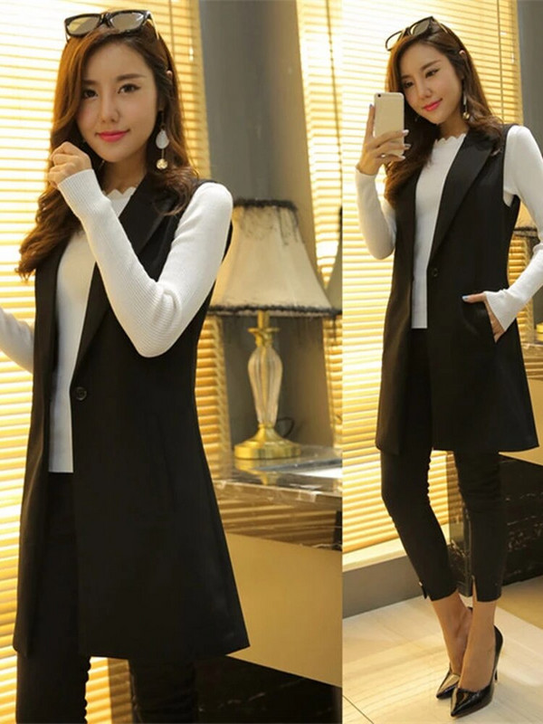 Sungtin Klasični ženski dugi jakni prsluk Elegantni uredski ženski kaput Ženski prsluk Kauzalna odijela Jakna bez rukava Gornja odjeća s džepovima