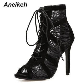 Aneikeh 2023 Fashion Basic σανδάλια Γυναικείες μπότες ψηλοτάκουνα Pumps Sexy Hollow Out Mesh Lace-Up Μπότες με σταυρωτά δεμένα παπούτσια για πάρτι 35-42