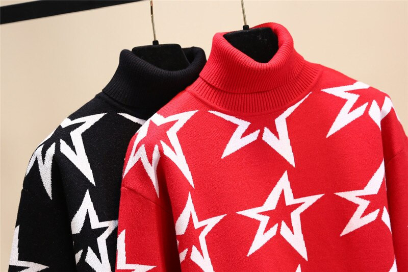 Luksuzni brend 2022. Jesen zima Harajuku Ženski crveno-crni pleteni džemperi s printom zvijezda Puloveri Ženski debeli džemper s dolčevitom