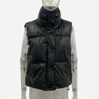 Melnas statīvas apkakles vestes sievietēm modes rāvējslēdzējs PU ādas mēteļi sievietēm elegantas rudens ziemas ziemas īsās vestes sievietēm