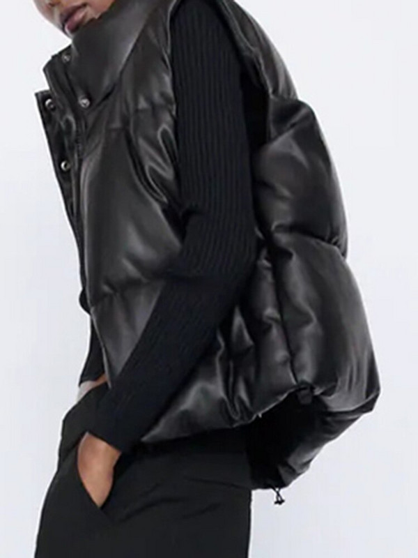 Melnas statīvas apkakles vestes sievietēm modes rāvējslēdzējs PU ādas mēteļi sievietēm elegantas rudens ziemas ziemas īsās vestes sievietēm