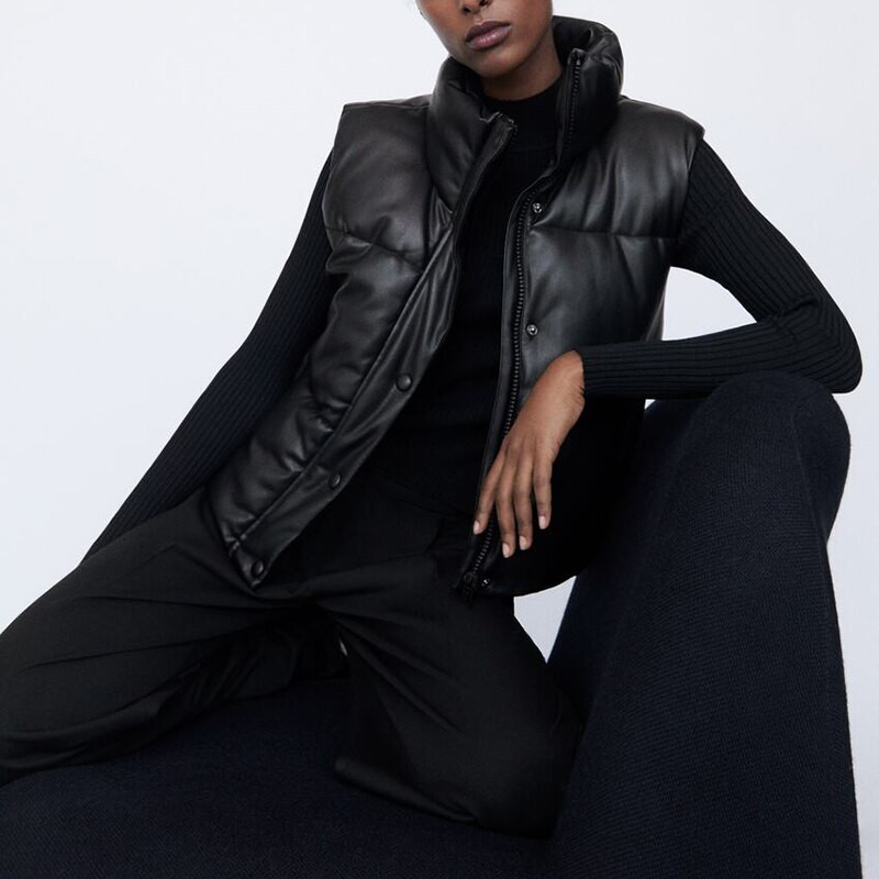 Melnas statīvas apkakles vestes sievietēm modes rāvējslēdzējs PU ādas mēteļi sievietēm elegantas rudens ziemas ziemas īsās vestes sievietēm