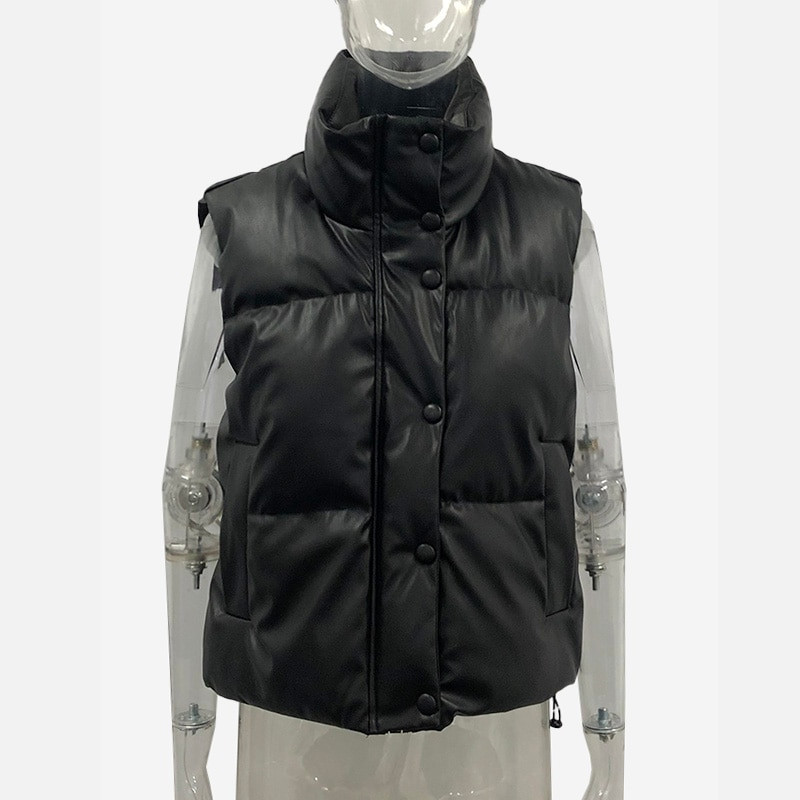 Melnas statīvas apkakles vestes sievietēm modes rāvējslēdzējs PU ādas mēteļi sievietēm elegantas rudens ziemas ziemas īsās vestes sievietēm