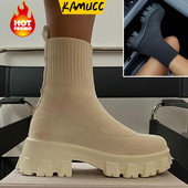 2021. gada rudens, ziema, jauns pāris, zeķes, apavi sievietēm ar biezu zoli, ikdienas liela izmēra tīkliņsarkani adīti īsi zābaki sievietēm botas de mujer