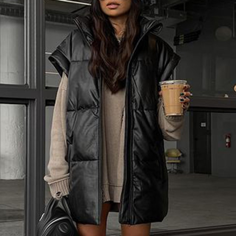 Modes statīva apkakle, vienkāršas vestes sievietēm, elegantas sānu kabatas, mēteļi sievietēm, mākslīgās ādas, taisnas, garas vestes sievietēm