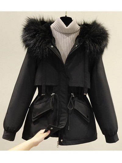 Kokvilnas polsterēta liela izmēra 2XL ziemas liela kažokādas jaka sievietēm brīva, plāna, silta parka jaka ar kapuci