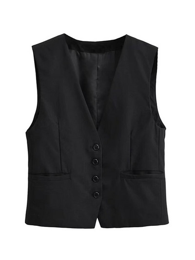 TRAF Ženski modni kratki prsluk s prednjim gumbima Vintage V izrez bez rukava Ženska gornja odjeća Chic Topovi