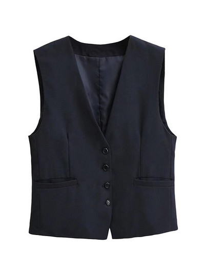 TRAF Ženski modni kratki prsluk s prednjim gumbima Vintage V izrez bez rukava Ženska gornja odjeća Chic Topovi