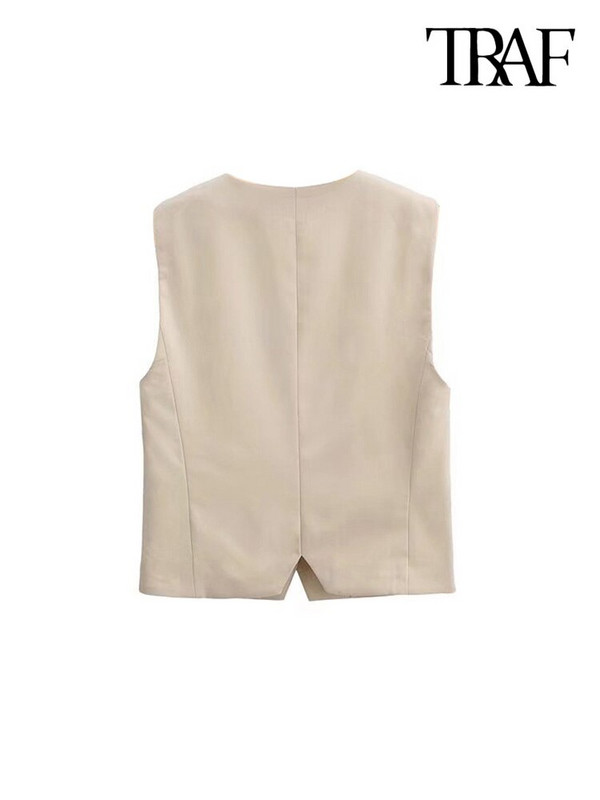 TRAF Ženski modni kratki prsluk s prednjim gumbima Vintage V izrez bez rukava Ženska gornja odjeća Chic Topovi