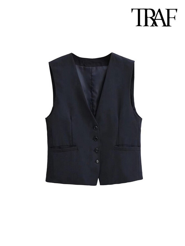 TRAF Ženski modni kratki prsluk s prednjim gumbima Vintage V izrez bez rukava Ženska gornja odjeća Chic Topovi