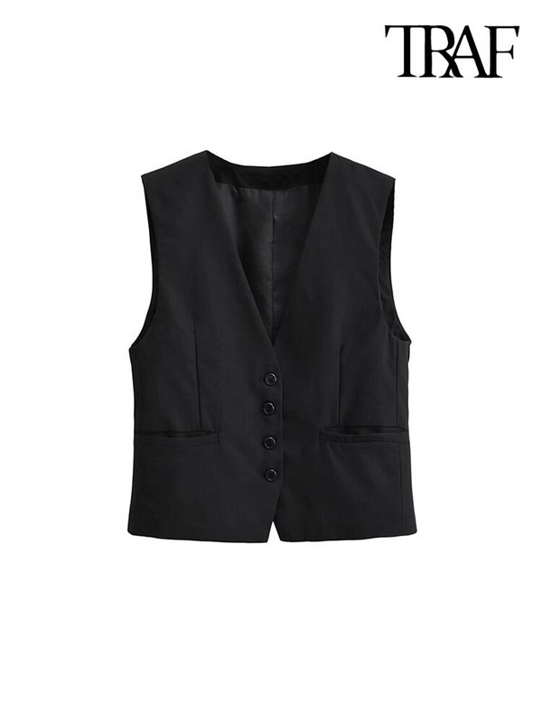 TRAF Ženski modni kratki prsluk s prednjim gumbima Vintage V izrez bez rukava Ženska gornja odjeća Chic Topovi