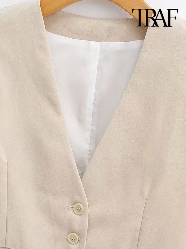 TRAF Ženski modni kratki prsluk s prednjim gumbima Vintage V izrez bez rukava Ženska gornja odjeća Chic Topovi