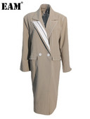 [EAM] Γυναικείες ραφές με χακί μεγάλου μεγέθους Μακριά τάφρο Νέο πέτο μακρυμάνικο αντιανεμικό μόδας Tide Άνοιξη φθινόπωρο 2022 20A35040