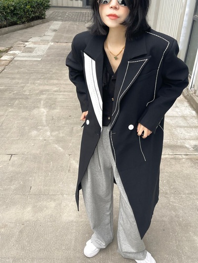 [EAM] Γυναικείες ραφές με χακί μεγάλου μεγέθους Μακριά τάφρο Νέο πέτο μακρυμάνικο αντιανεμικό μόδας Tide Άνοιξη φθινόπωρο 2022 20A35040