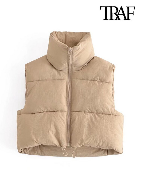 TRAF Sieviešu modes regulējama apakšmala ar rāvējslēdzēju, polsterēta veste Vintage ar augstu kakla izgriezumu bez piedurknēm sieviešu virsdrēbes eleganti vestu topi