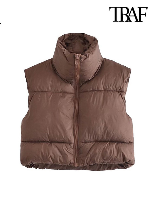 TRAF Sieviešu modes regulējama apakšmala ar rāvējslēdzēju, polsterēta veste Vintage ar augstu kakla izgriezumu bez piedurknēm sieviešu virsdrēbes eleganti vestu topi