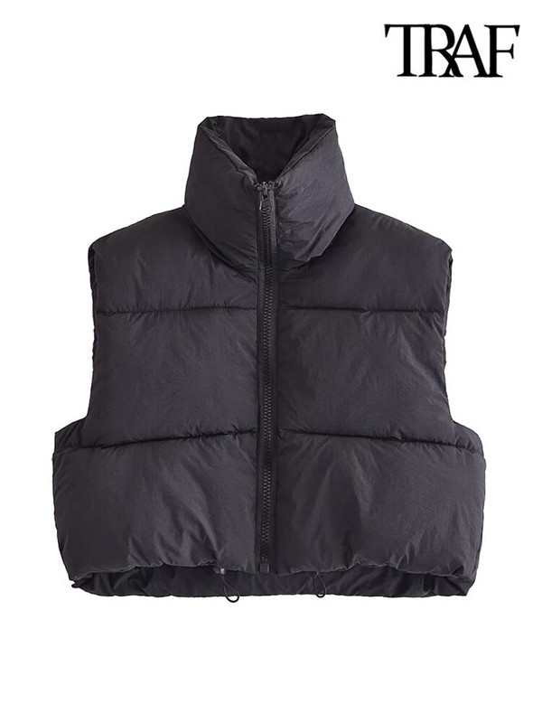 TRAF Sieviešu modes regulējama apakšmala ar rāvējslēdzēju, polsterēta veste Vintage ar augstu kakla izgriezumu bez piedurknēm sieviešu virsdrēbes eleganti vestu topi