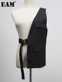 [EAM] Sieviešu brīvi pieguļoša, melna vienā pusē sprādze, sadalīta locītavas veste, jauna V veida apkakle bez piedurknēm modes plūdmaiņas, 2022. gada pavasara rudens 1Y958