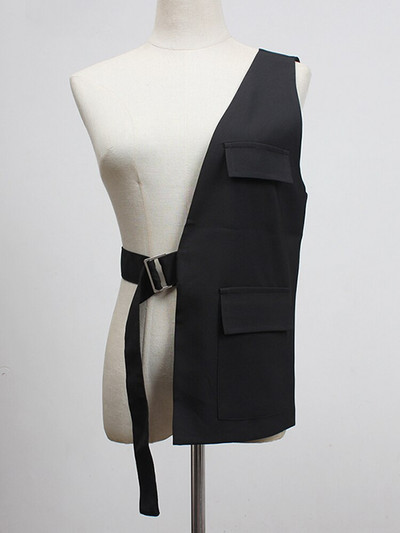 [EAM] Sieviešu brīvi pieguļoša, melna vienā pusē sprādze, sadalīta locītavas veste, jauna V veida apkakle bez piedurknēm modes plūdmaiņas, 2022. gada pavasara rudens 1Y958