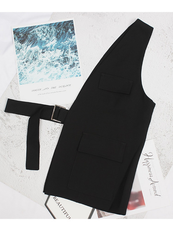 [EAM] Sieviešu brīvi pieguļoša, melna vienā pusē sprādze, sadalīta locītavas veste, jauna V veida apkakle bez piedurknēm modes plūdmaiņas, 2022. gada pavasara rudens 1Y958