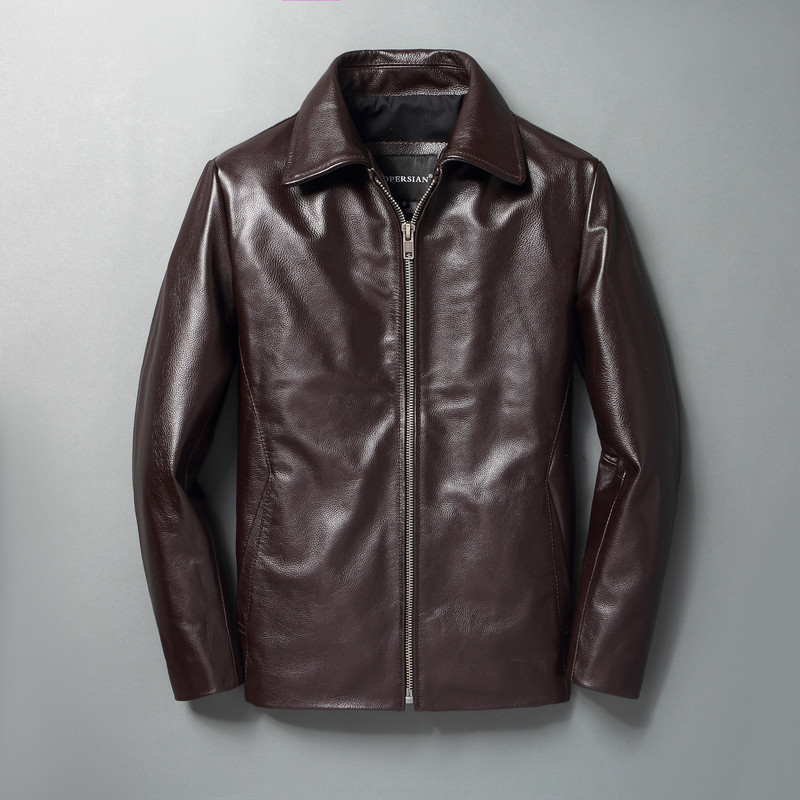 2022. gada vīriešu melna plānas ādas jaka pavasara rudens, mīksta augšdaļa, brīva ādas jaka brūna atloks Dabīga teļa ādas klasiska jaka