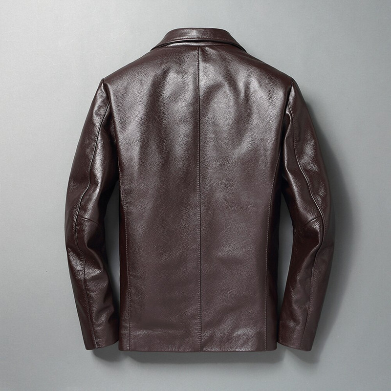 2022. gada vīriešu melna plānas ādas jaka pavasara rudens, mīksta augšdaļa, brīva ādas jaka brūna atloks Dabīga teļa ādas klasiska jaka