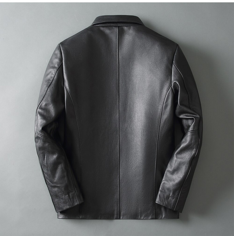 2022. gada vīriešu melna plānas ādas jaka pavasara rudens, mīksta augšdaļa, brīva ādas jaka brūna atloks Dabīga teļa ādas klasiska jaka
