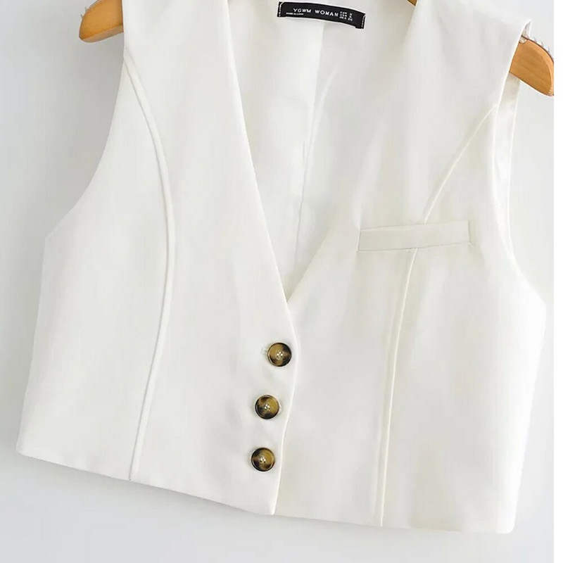 XEASY 2021 Γυναικείο Κομψό Λευκό Streetwear Αμάνικο κοντό γιλέκο Γυναικείο Vintage Slim V-λαιμόκοψη μονόστομο casual γιλέκο