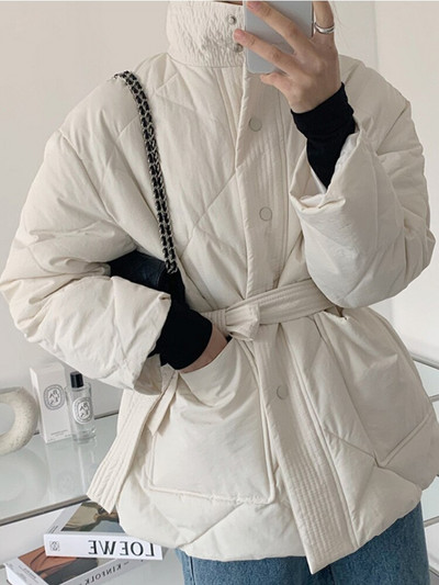 Χειμερινό ευέλικτο με ψηλό λαιμό και μεγάλη τσέπη με κορδόνι στη μέση Βαμβακερό μπουφάν Χειμερινά ρούχα Γυναικεία χειμωνιάτικα μπουφάν για γυναίκες χειμώνα