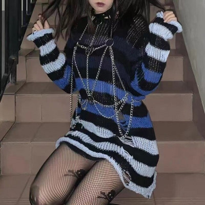 Jauns Punk Gothic garš unisex vasaras sieviešu džemperis, svītrains, vēss, dobs caurums, salauzts džemperis, vaļīgs, plāns tumšs ielu apģērbu tops