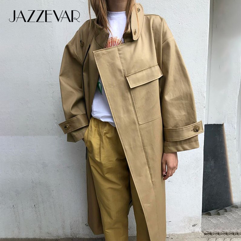JAZZEVAR 2022 Jauns pavasara rudens sieviešu modes ielas lielizmēra X garas virsdrēbes Sieviešu brīvs apģērbs Ikdienas haki krāsas trenčs