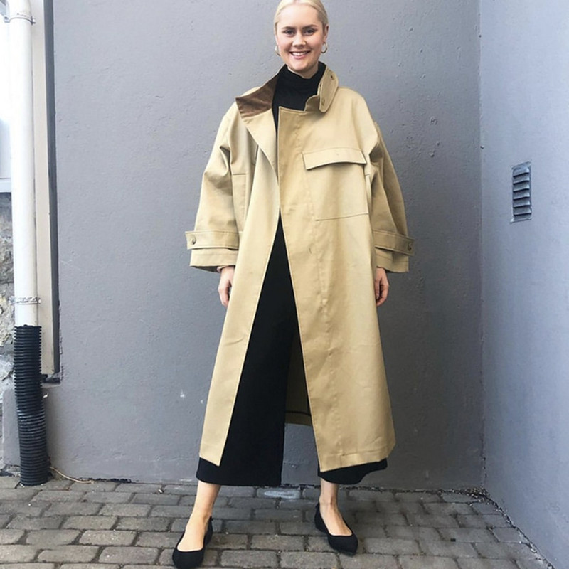 JAZZEVAR 2022 Jauns pavasara rudens sieviešu modes ielas lielizmēra X garas virsdrēbes Sieviešu brīvs apģērbs Ikdienas haki krāsas trenčs