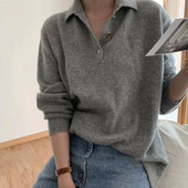 Sieviešu rudens un ziemas jauns pelēks atloks trikotāžas vilnas džemperis pulovers džemperis liela izmēra korejiešu ikdienas krekls ar apakšējo daļu karstā izpārdošana