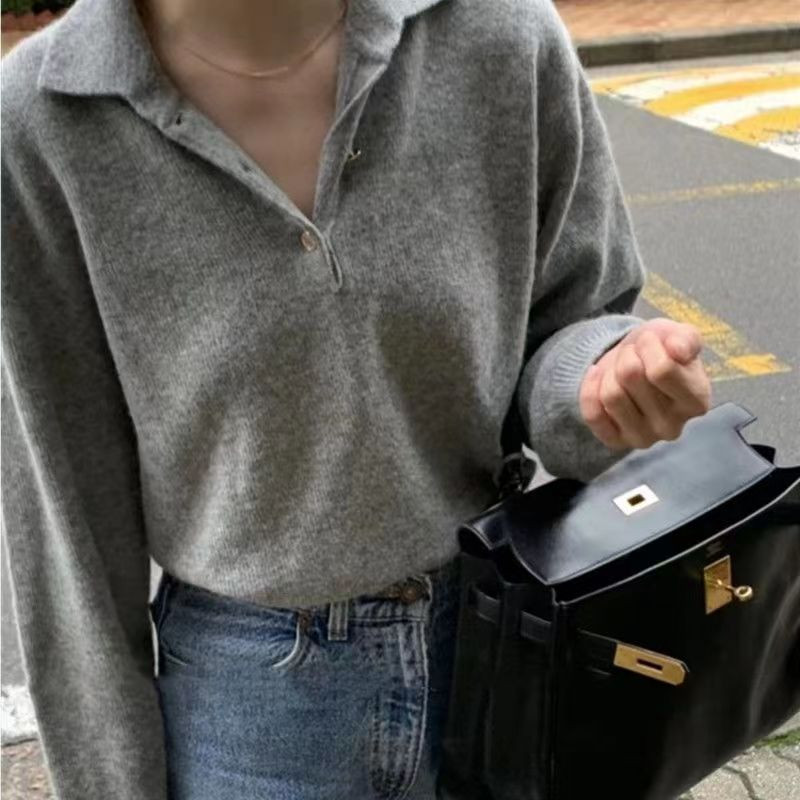 Sieviešu rudens un ziemas jauns pelēks atloks trikotāžas vilnas džemperis pulovers džemperis liela izmēra korejiešu ikdienas krekls ar apakšējo daļu karstā izpārdošana