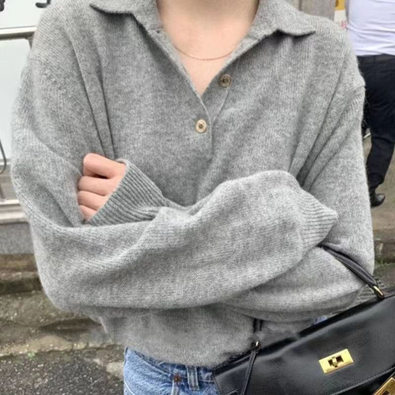 Sieviešu rudens un ziemas jauns pelēks atloks trikotāžas vilnas džemperis pulovers džemperis liela izmēra korejiešu ikdienas krekls ar apakšējo daļu karstā izpārdošana