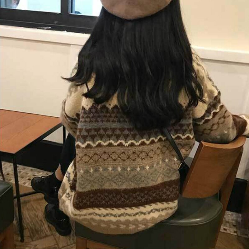 Vintage ριγέ πουλόβερ Γυναικεία πουλόβερ Χειμερινά μακρυμάνικα πουλόβερ Φαρδιά γυναικεία πλεκτά πουλόβερ Pull Femme